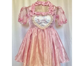 The Melanie Dress- Pink Crinkled Taffeta Babydoll Dress: Embroidered Tulle Sleeves