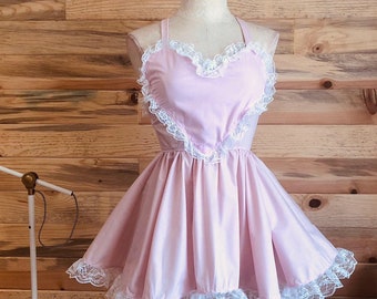 The Therese Dress- Cotton Apron Babydoll Dress: Heart Front, Lace Trim