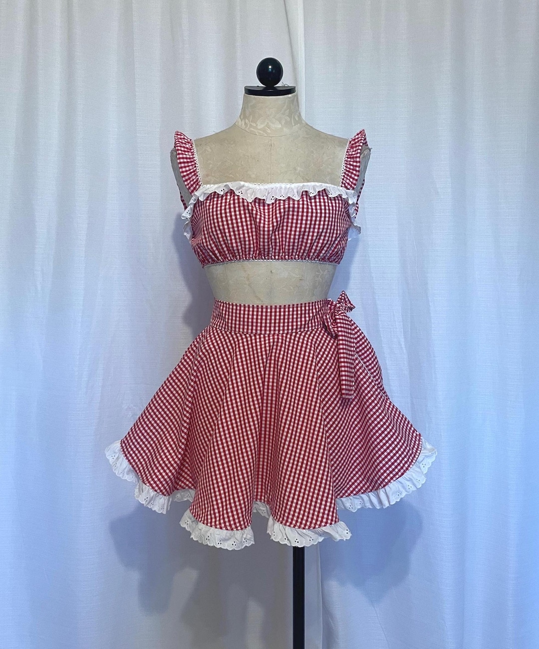 The Darla Set. Red Gingham Lingerie Set – Cotton Eyelet Trim, Lolita Mini Skirt - Etsy
