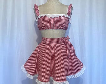 Darla Twin Set-womens lingerie-lingerie sets- red lingerie- gingham set- lolita- mini skirt- retro- pin up girl- red lingerie