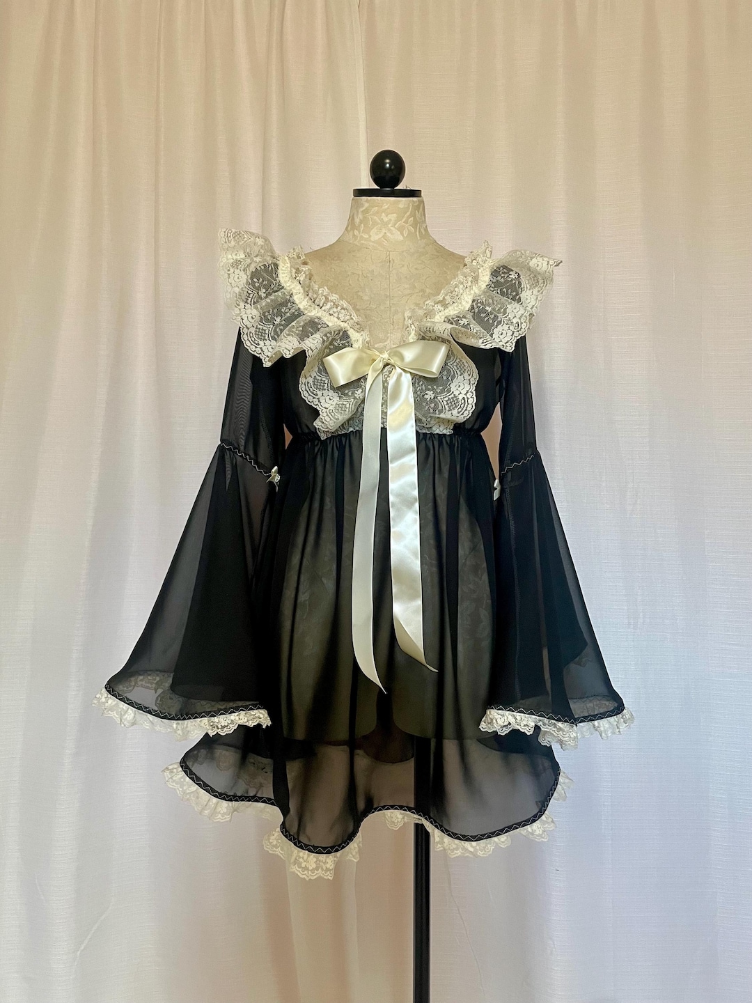 The Penny Dress -Chiffon Bell Sleeved Babydoll Dress: Retro Style with French Lace & Satin Bow