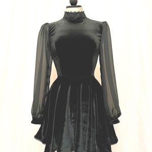 May include: A black velvet dress with sheer long sleeves and a high neck. The dress has a fitted bodice and a flared skirt with a scalloped hem.
