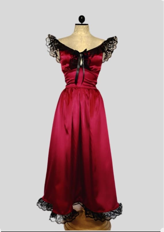 The Kathryn Maxi Dress- Burgandy Satin and Ruffled Lace Vintage Dress
