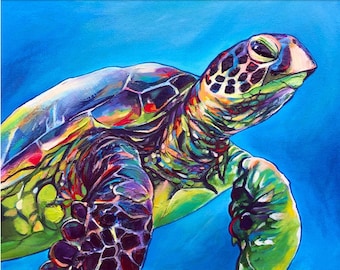 Blue Friend, Ocean Green Sea Turtle Print, Kauai Hawaii Honu Art, Hawaii Artist