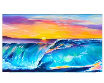 Kauai Sunset Wave Print, Tropical Seascape Painting