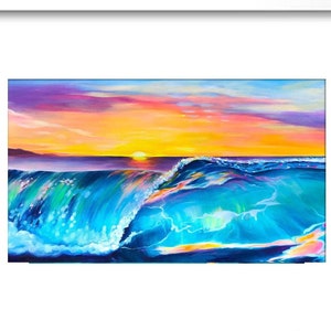 May include: A painting of a large wave crashing in the ocean at sunset. The sky is a mix of pink, orange, and yellow, and the water is a vibrant blue and green.