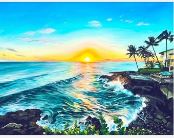 Poʻipū Sunset, "Poipu Shoreline", Kauai Art Print, Ocean Wave, Hawaii Vacation Destination