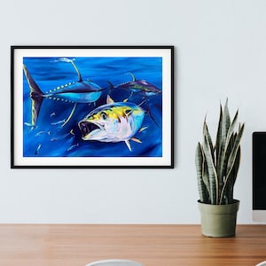 Ahi Tuna Print , &quot;Ahi Fever&quot;, Yellowfin Art, Sport Fish, Kauai Hawaii Artist, Deep Sea Fishing, Big Eye Action