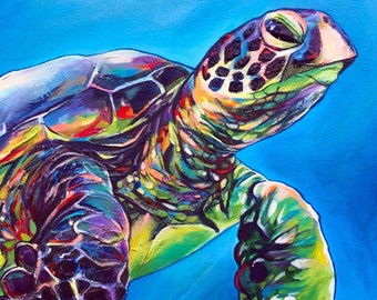 Amigo Azul, Impresión de Tortuga Verde Océano, Arte Honu de Kauai, Hawái, Artista de Hawái