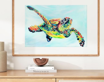 Floating Honu Art Print – Hawaii Sea Turtle, Coastal Wall Decor