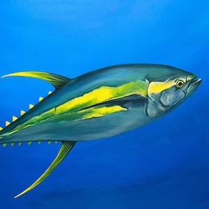 Ahi Tuna Print, Yellowfin Art, Sport Fish Painting, Kauai Hawaii Artist, Deep Sea Fishing, Ocean Coastal House