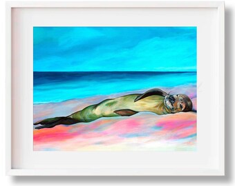 Hawaiian Monk Seal Art Print, Kauai Beach Painting, Protected Wildlife