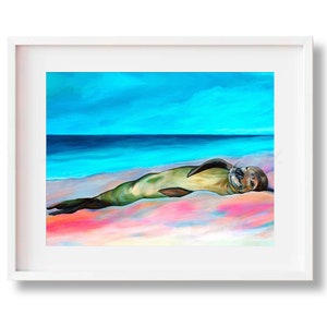 Monk Seal Print, Hawaiian Seal Painting, Kauai Beach Art, Poipu Beach, Hawaii Protected Wildlife Species