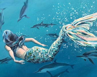 Dolphin Mermaid Art Print, Mermaid Décor, Hawaii Artist