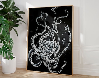 XL Octopus Original B&W Painting, Monochromatic Kauai Tako, Black with White Hawaii He'e