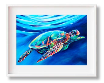 Big Tex, Green Sea Turtle Print, Hawaiian Honu Wall Art, Rainbow Turtle