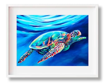 Big Tex, Impresión de tortuga marina verde, Arte mural hawaiano Honu, Tortuga arcoíris