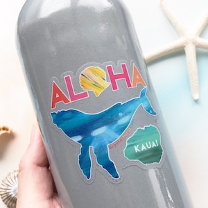 Pegatina de ballena transparente de Kauai, recuerdo de Kauai, pegatina de vinilo de Hawái, pegatina para botella de agua, regalo Aloha de Kauai, Spread ALOHA, Kohala hawaiano
