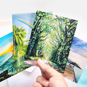 Juego de tarjetas en blanco con ubicaciones de Kauai de norte a sur, 4 tarjetas de felicitación, nota de agradecimiento, obsequio de hospitalidad, paisajes de Hawái