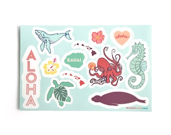 Kauai Vinyl Sticker Sheet, Souvenir, Hawaii Decals, Water Bottle Sticker, Small Gift, Scrapbook