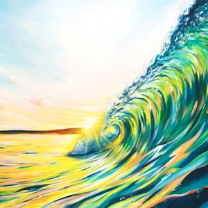 May include: A vibrant painting of a large wave breaking in the ocean at sunset. The wave is painted in shades of blue, green, and yellow, with the sun shining through the crest of the wave. The sky is a soft pink and orange, with a few clouds.