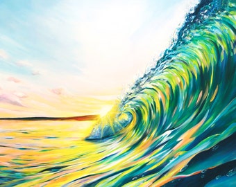 Wave Sunset Print, Island Escape, Hawaii Artist, Surf Painting, Kauai Art