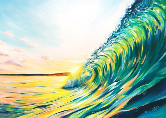 油絵　アート　ハワイ　サンセット　海の絵 波の夕日のプリント、アイランドエスケープ、ハワイのアーティスト