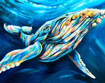 虹色のザトウクジラの版画、海辺のアート、カウアイ島のアーティスト