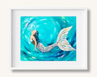 Brunette Mermaid Print, Ocean Mermaid Décor, Hawaii Artist