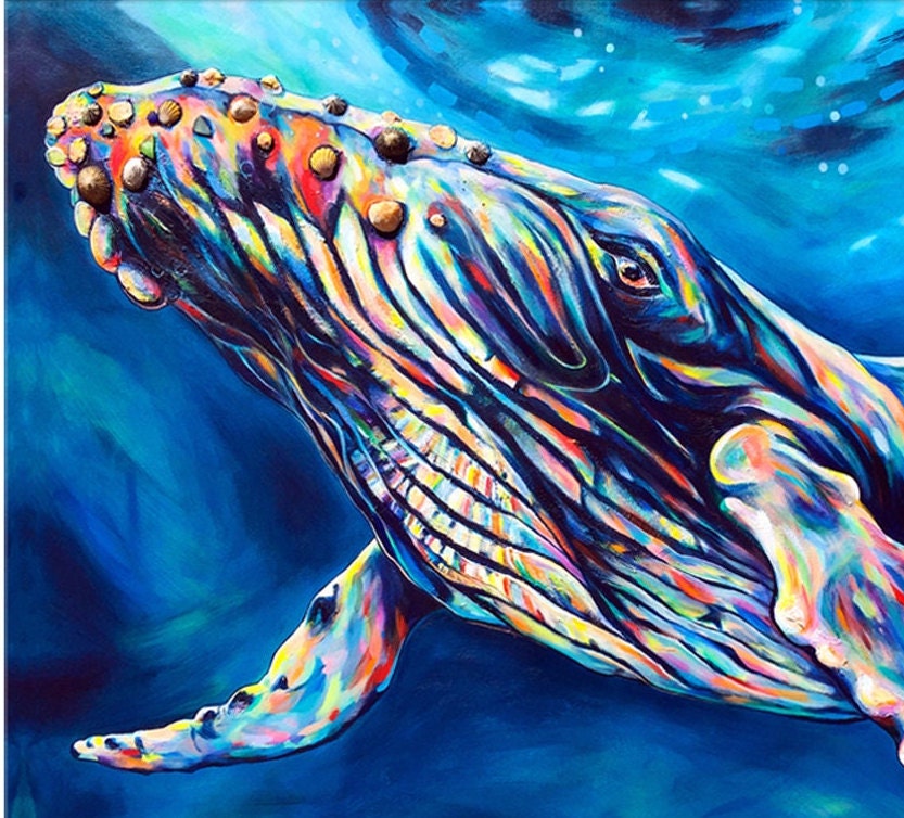 油彩画 ザトウクジラ クジラアート、ザトウクジラの絵画、虹のクジラのプリント