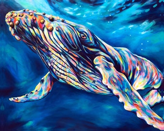 クジラのアート、ザトウクジラの版画、レインボーコホラの絵画、カウアイ島のアーティスト