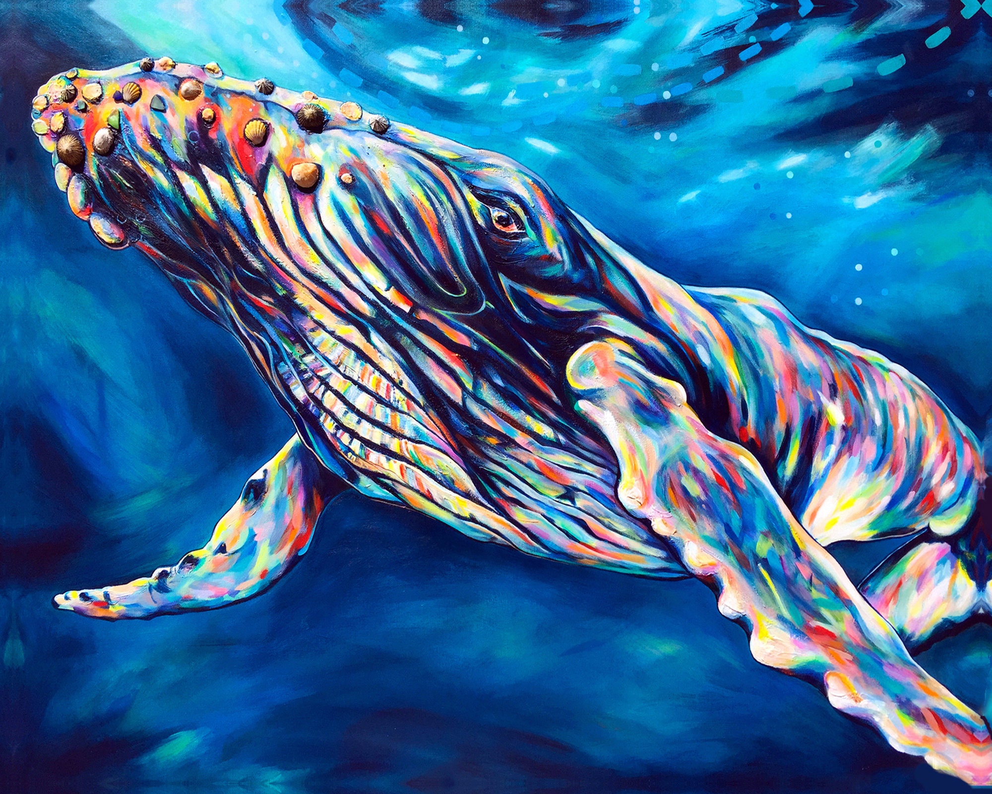 クジラアート、ザトウクジラのプリント、虹のコホラ絵画