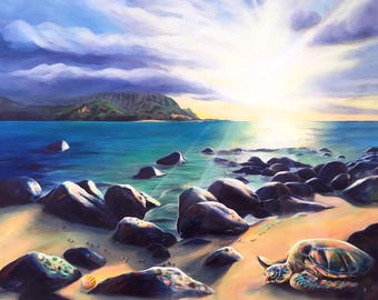Kauai Turtle Sunset Art Print, Bali Hai View, North Shore Painting