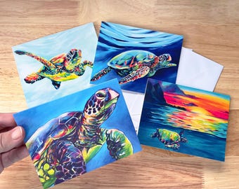 Aloha Note Card Set of 4, Turtle paintings, Kauai Hawaii art