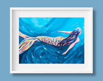 Mermaid Art Print, Mermaid Décor, Kauai Artist, Underwater Swimming Girl