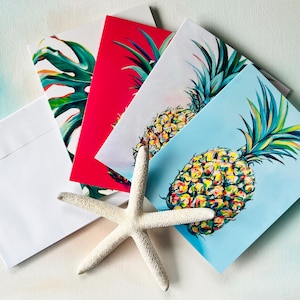 Ensemble de cartes vierges ananas et Monstera, 4 cartes de voeux, mot de remerciement, cadeau d'accueil