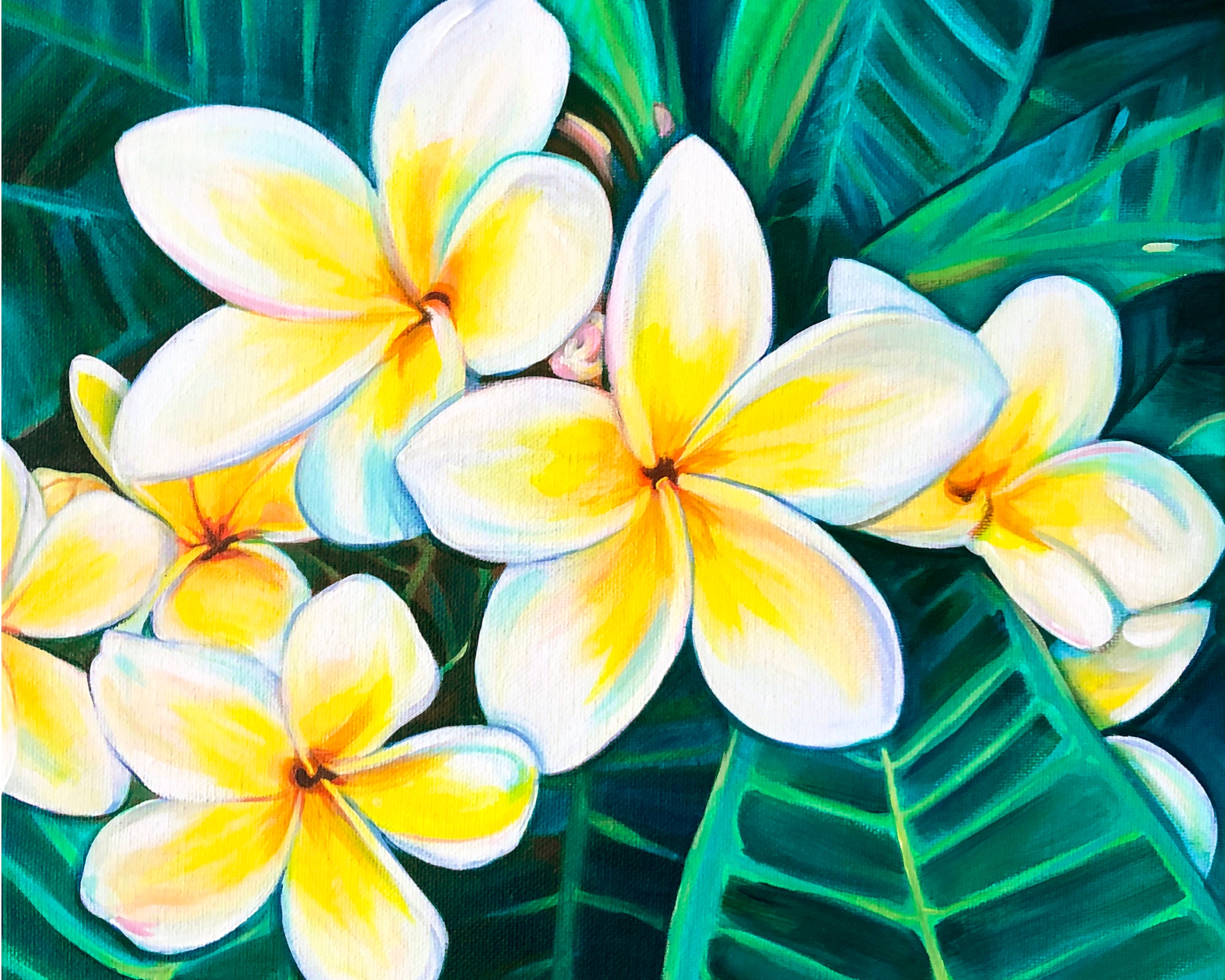 黄色のプルメリアの花束の絵画、フランジパニのプリント