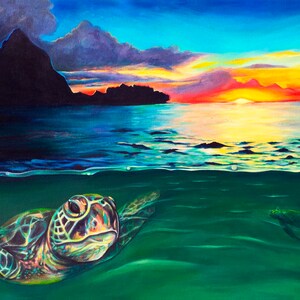 May include: A painting of a green sea turtle swimming in the ocean. The turtle is swimming towards the surface of the water, where the sun is setting over a mountain range. The sky is a vibrant mix of orange, yellow, and purple.