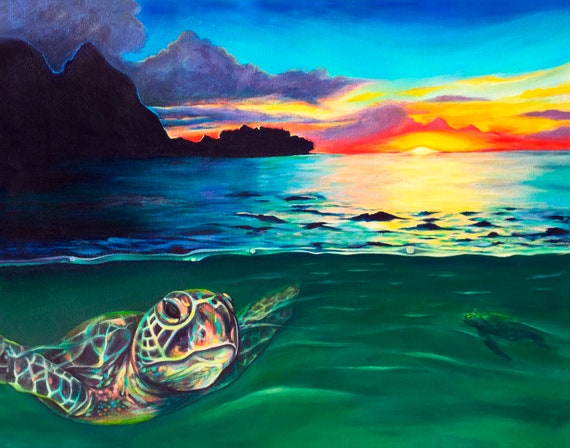 Kauai Sea Turtle Art Print, Sunset Cruise, Over Under, Tunnels Beach Hawaii