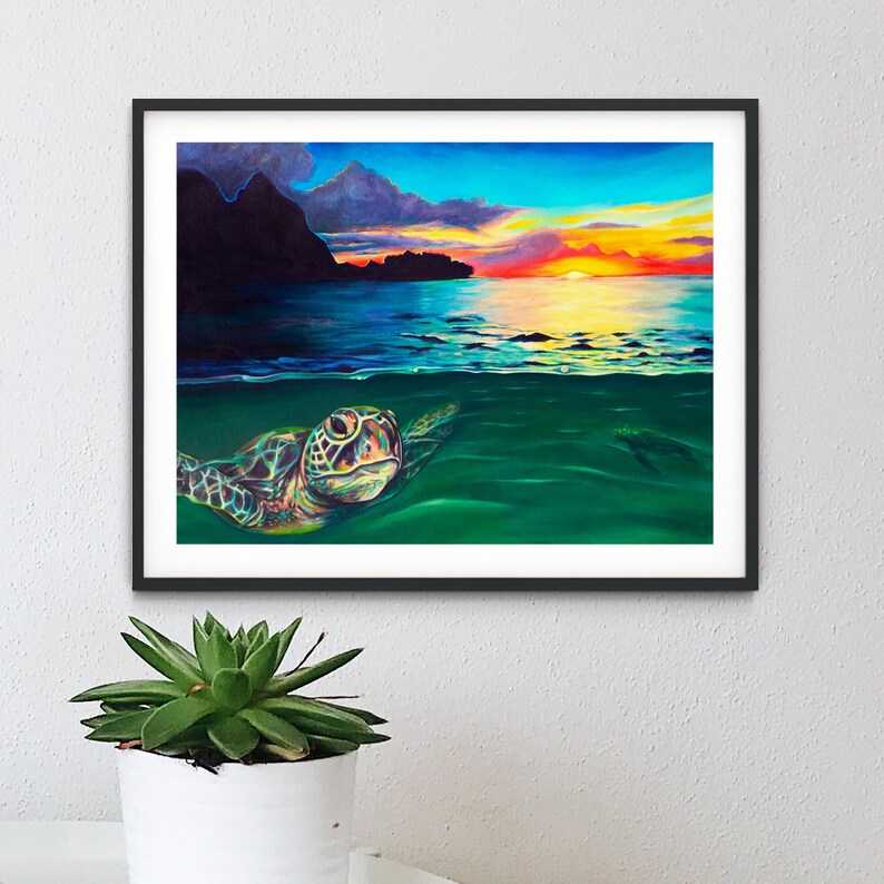 May include: A painting of a sea turtle swimming in the ocean at sunset. The turtle is green and has a brown shell. The ocean is a vibrant blue and green, and the sky is a mix of orange, yellow, and purple. The sun is setting in the distance, casting a golden glow over the water.