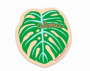 Aloha Monstera Sticker, Leaf Decal, Kauai Souvenir, Monstera Hawaii Sticker, Tropical Water Bottle Sticker, Kauai Gift