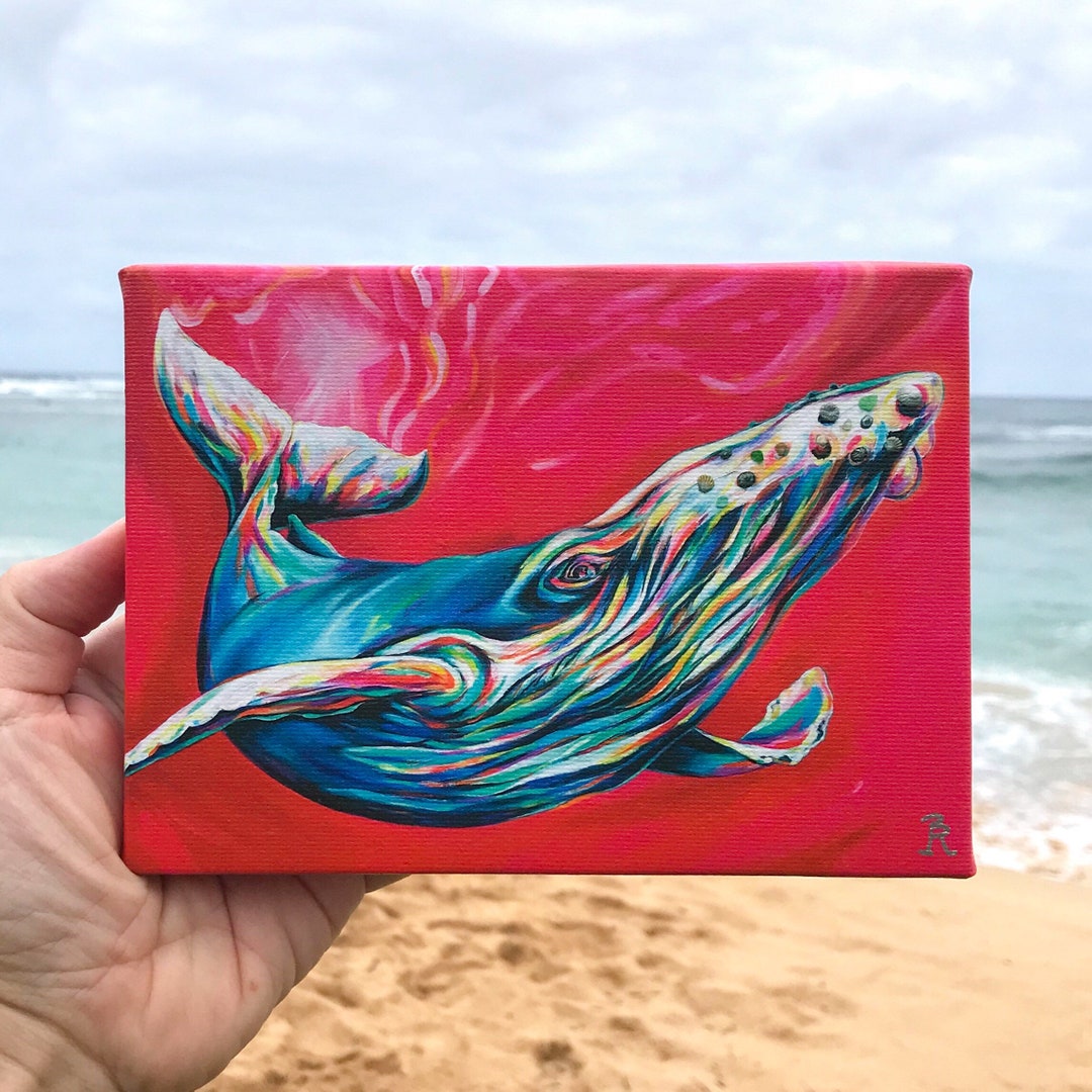 油彩画 ザトウクジラ クジラの絵 ネイビーブルー 航海 オリジナル 水彩 ザトウクジラ