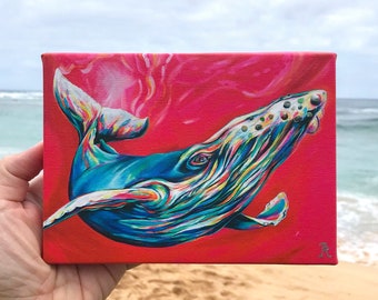 ザトウクジラのアートプリント、虹色、ハワイアート、コホラ
