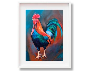 May include: A colorful painting of a rooster with a red comb and wattle, blue, green, and orange feathers, and a brown background.