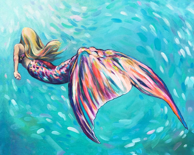 Mermaid Swim wall art original painting canvas print art Etsy
