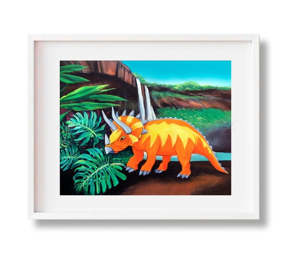 Triceratops Painting, Original Dinosaur Print, Jurassic Park