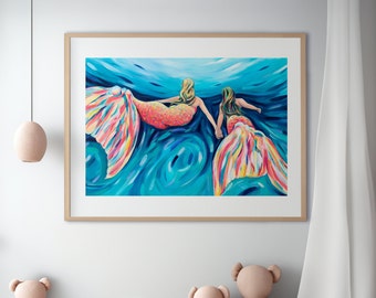 Mermaid Sisters Art Print, Kauai Sea Glass, Mother Daughter Gift
