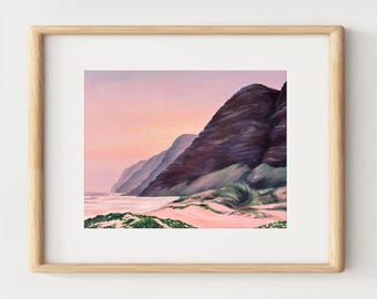 Kauai Art Print, Polihale Pink Sunrise, Napali Coast Giclée