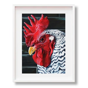 Rooster Art Print, Red Eye B&W Chicken, Kitchen Décor, Modern Farmhouse