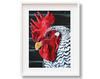 Rooster Art Print, Red Eye B&W Chicken, Kitchen Décor, Modern Farmhouse